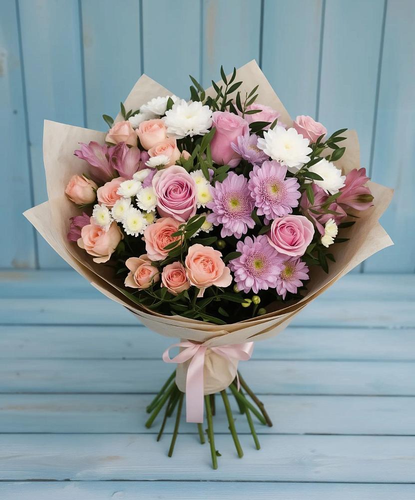 Букет цветов из: Хризантемы, Розы и Альстромерии в Сараи