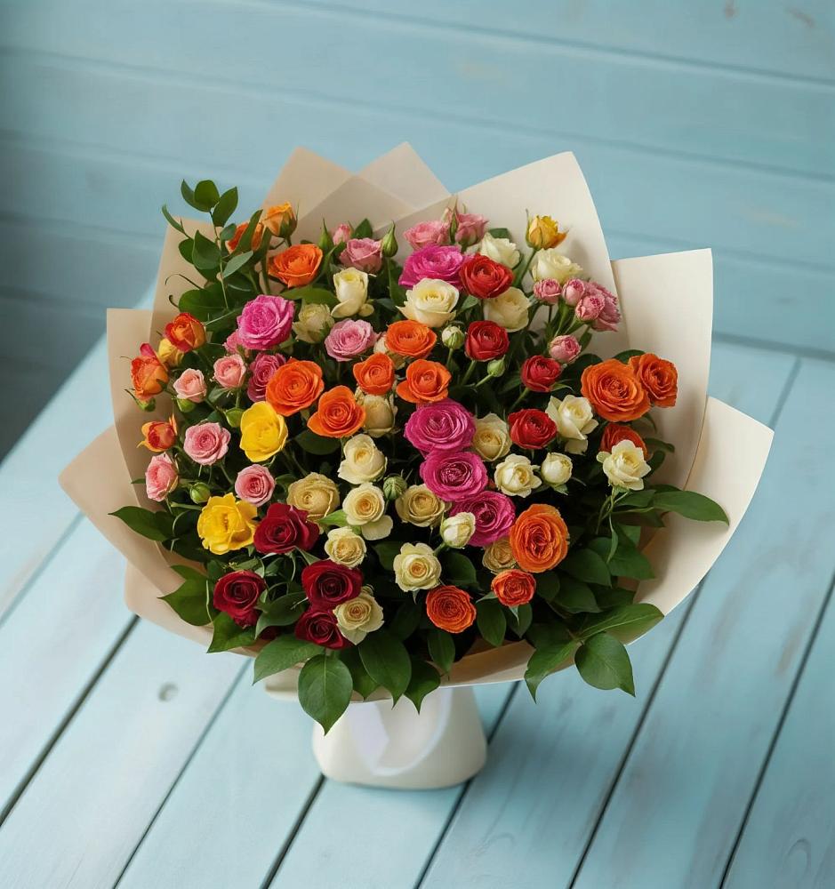 Букет Микс из разноцветных кустовых роз в Сараи