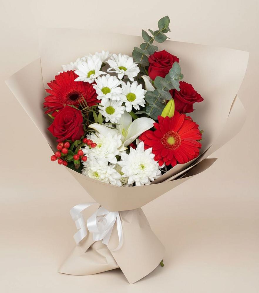 Букет цветов из: Розы, Хризантемы, Герберы и Лилии в Сараи