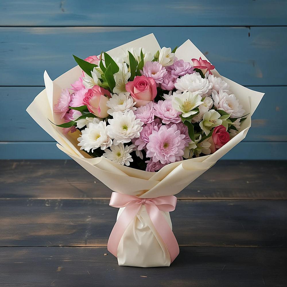 Букет цветов из: Хризантемы, Альстромерии и Розы в Сараи